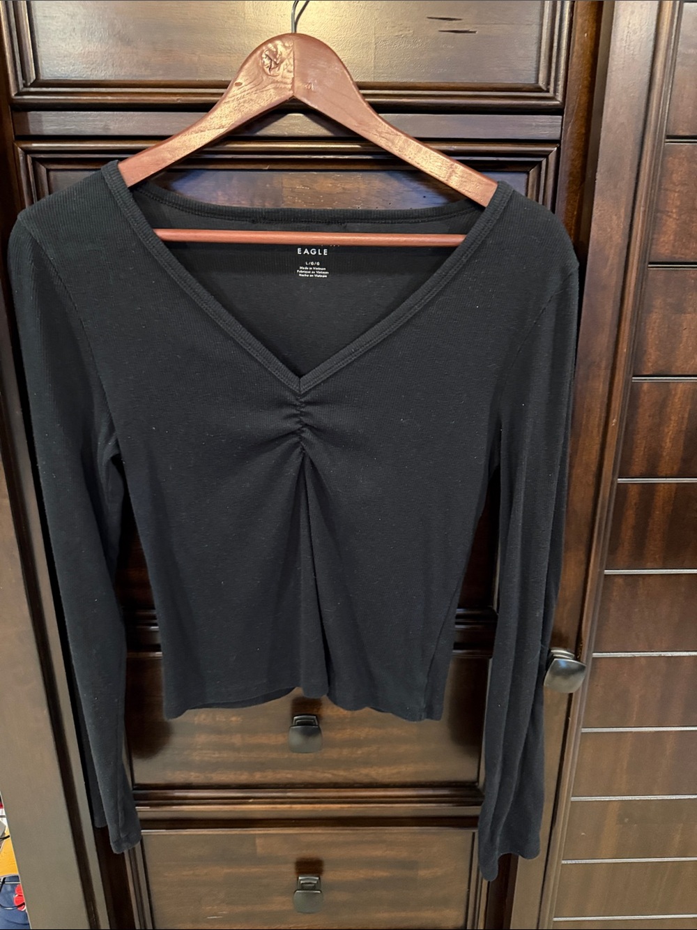 American Eagle Outfitters Black V-Neck Long Sleeve Top with Front Ruching